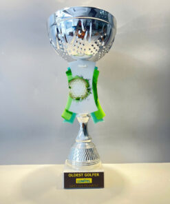 Cup kim loại màu bạc có hình  golf.    Cao 35 cm, ø16cm